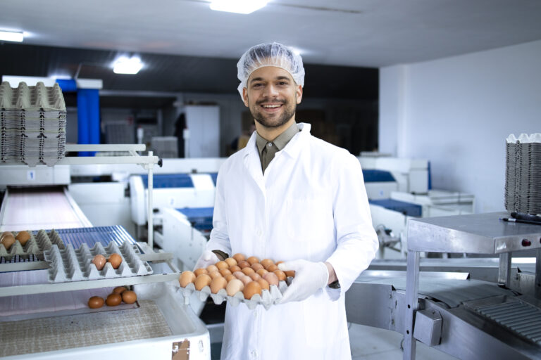 Portrait of an egg farm worker holding cardboard crate with fresh eggs. In background machine transporting eggs for packaging