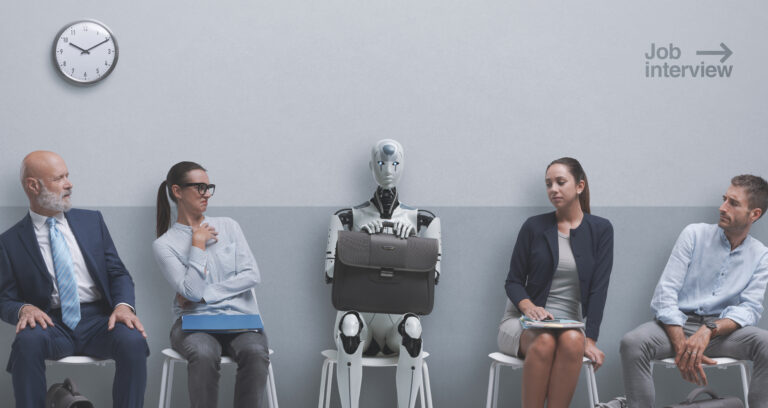 Job applicants staring at the robot candidate and waiting for th