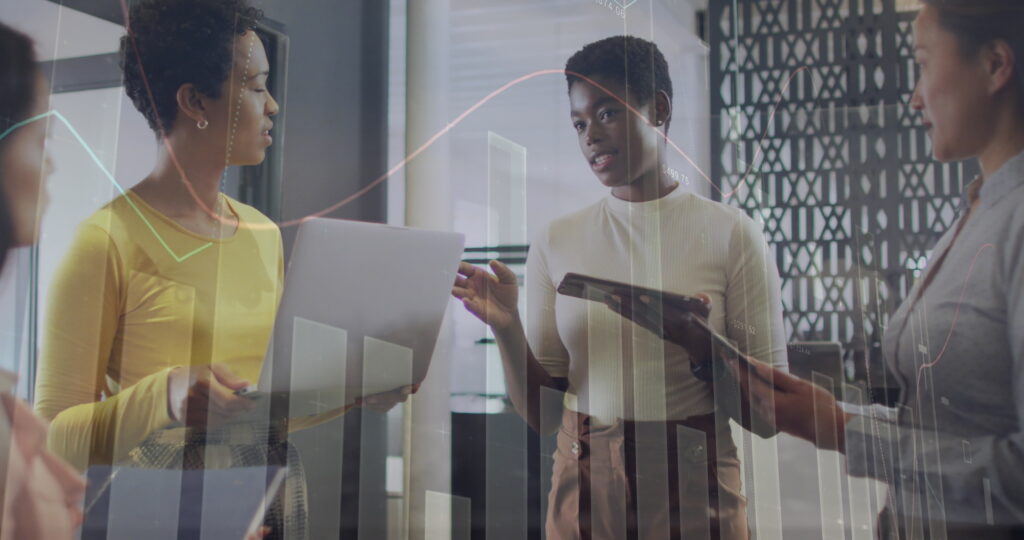 Image of data processing over diverse business people in office. Global business and digital interface concept digitally generated image.