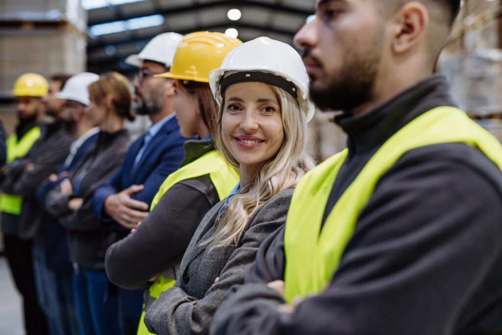 Image of workers in hardhats in a warehouse.