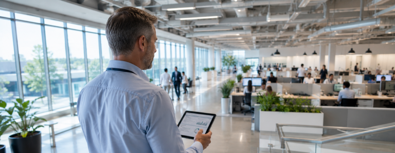 image of facilities manager reviewing performance data on a tablet while overlooking a modern, active workplace