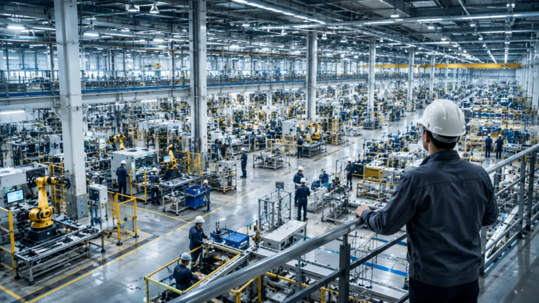 image of modern manufacturing facility with supervisor overseeing production operations.