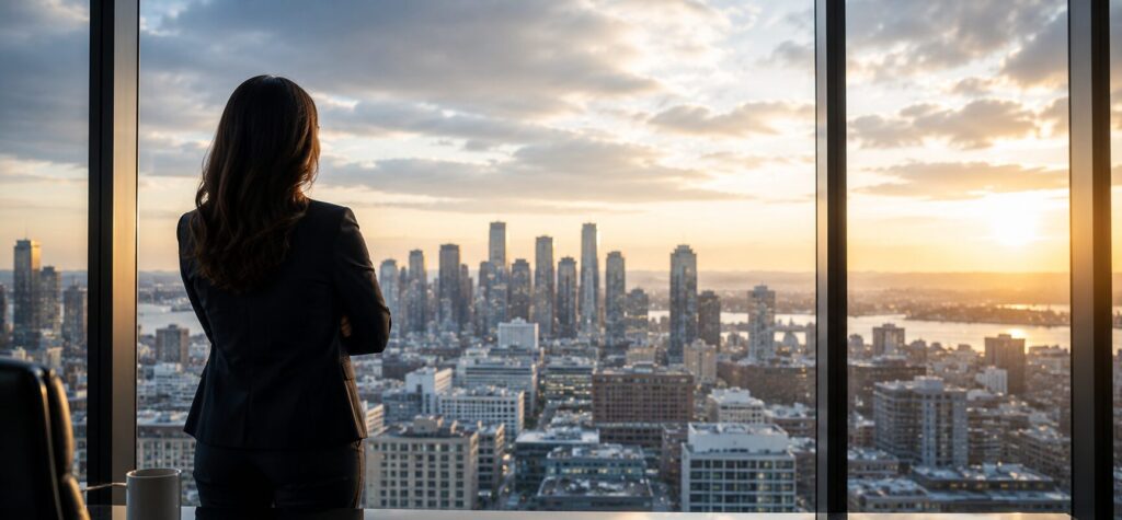 Image of a female executive standing in a modern office overlooking a city skyline