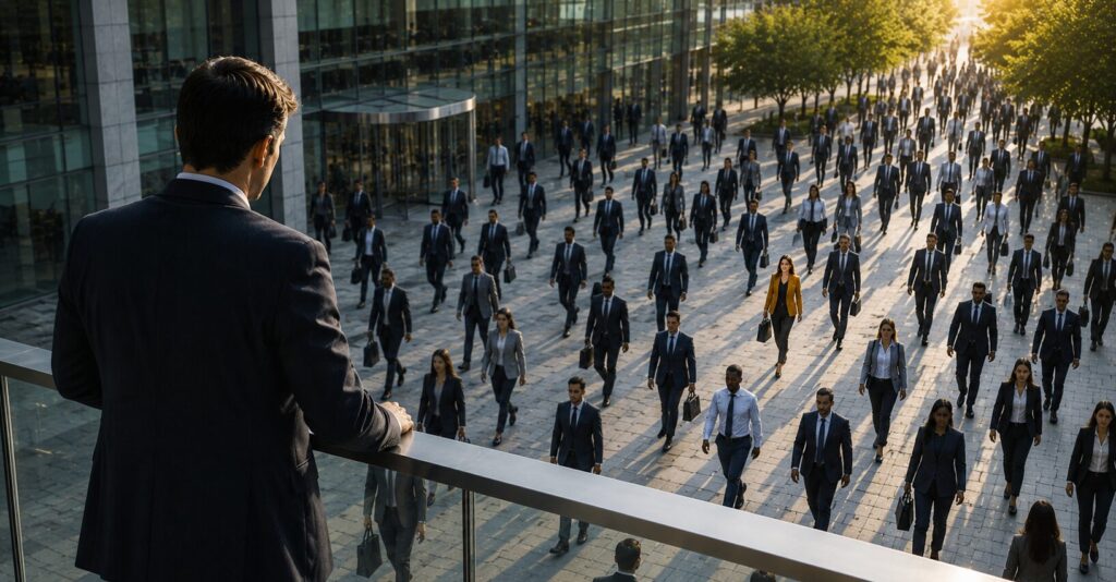 Image of a leader overlooking a busy crowd of professionals