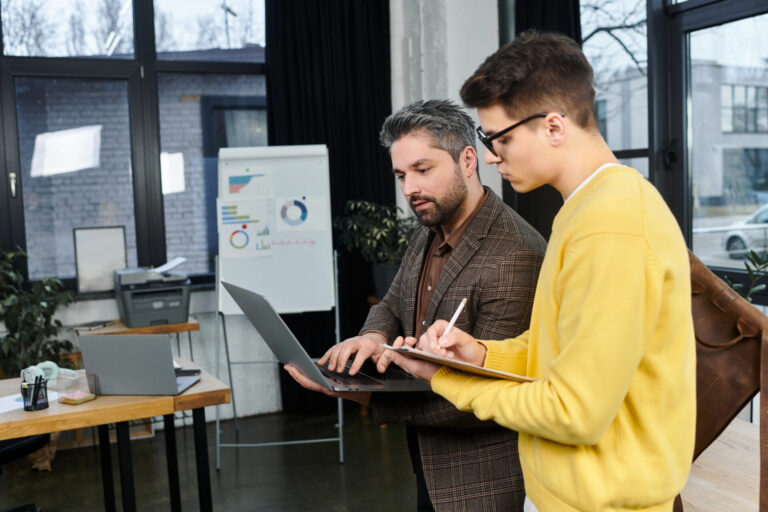 Professionals discussing internal mobility and external hiring strategies