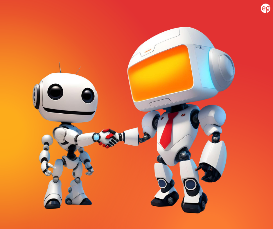 Two robots shaking hands, one wearing a red tie