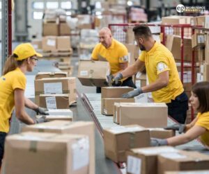 postal warehouse workers sorting incoming packages on an assembly line