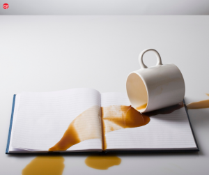 Spilled coffee on an opened notebook